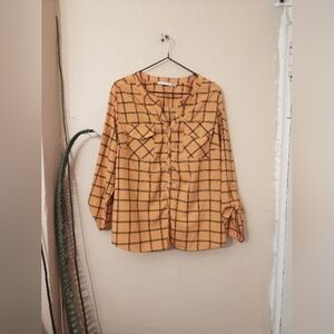 Notations yellow/ black window pane button down polyester top size XL